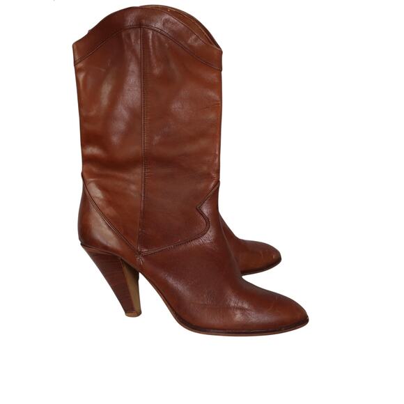 Vintage 90s Nine West Cognac Brown Leather Mid Calf Western Boots 8.5 - Picture 1 of 8